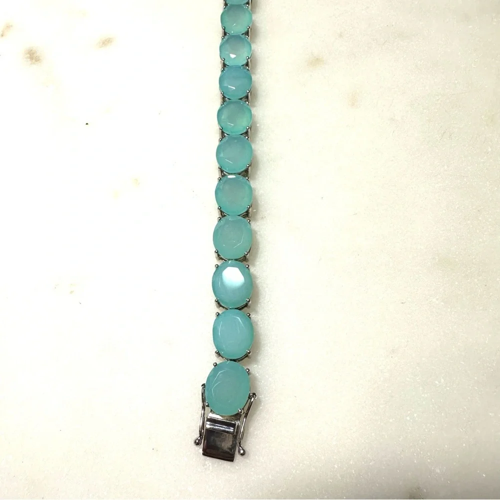 Oval Faceted Aqua Blue Chalcedony Sterling Silver Line Tennis Bracelet 12mm